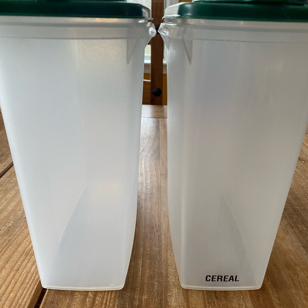 Tupperware cereal storers 13 cup with hunter green flip top lid seal.  Set of 2.